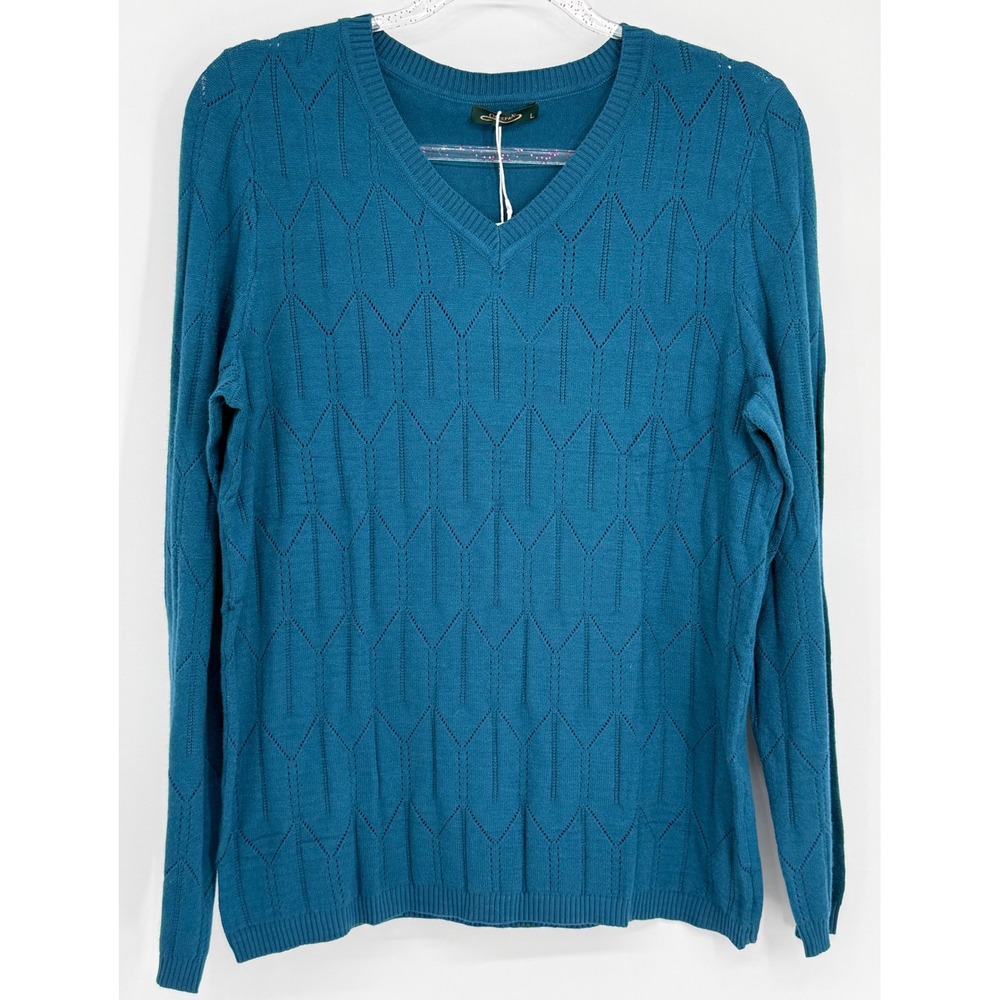 VTG Ofeefan Womens V Neck Pointelle Knit Sweater Teal Blue Long Sleeve Sz L NEW